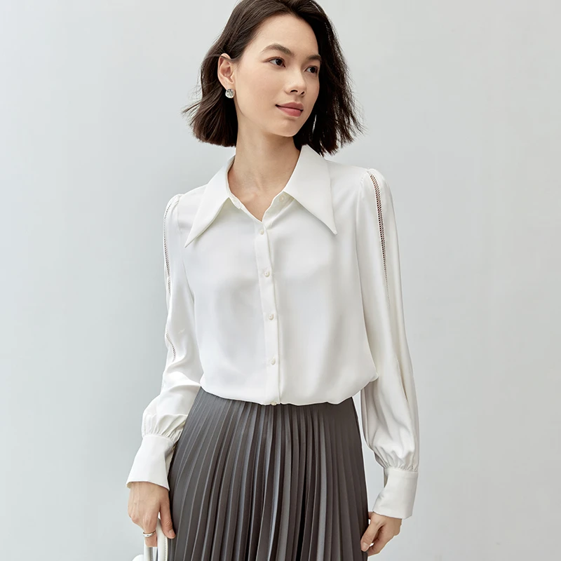 简约通勤日常轻熟女人韵味知性拼接花边设计翻领衬衫7366X