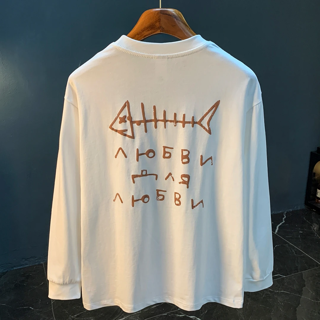 潮牌印花长袖T恤男秋季新款纯棉舒适体恤上衣大码宽松休闲套头衫