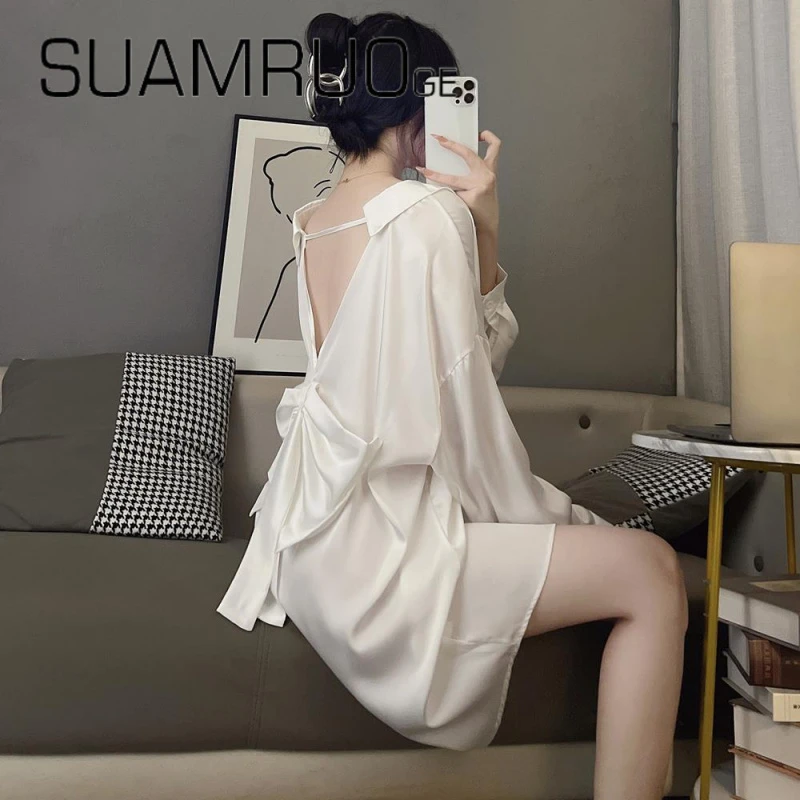 冰丝睡衣女春秋季长袖薄款宽松性感睡裙镂空露背纯欲衬衫裙家居服