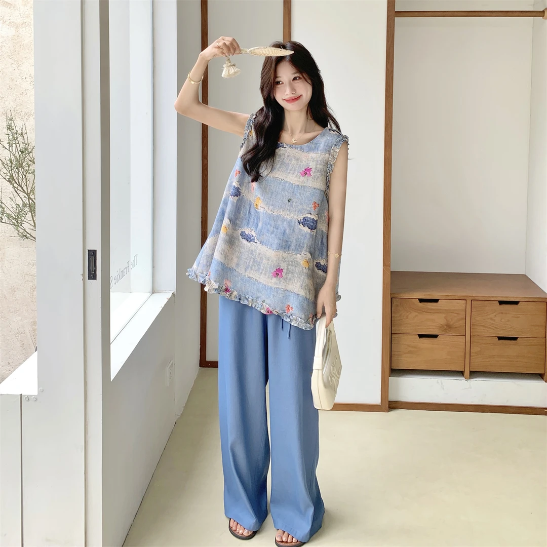 蓝色复古刺绣木耳边无袖背心套装女2025夏小个子休闲阔腿裤两件套