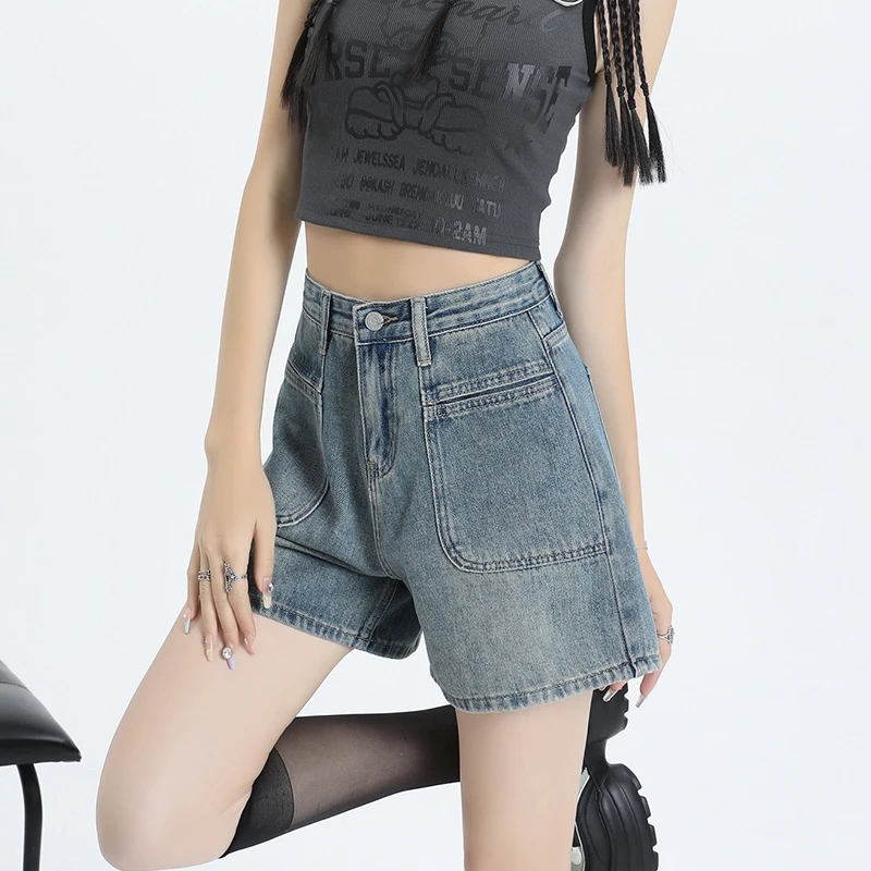 女生韩系ins浅蓝高腰显瘦度假风牛仔短裤法式女牛仔短裤直筒复古