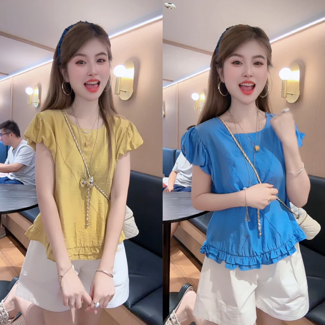 法式复古木耳边小飞袖衬衫女夏季设计感小众衬衣宽松显瘦黄色上衣