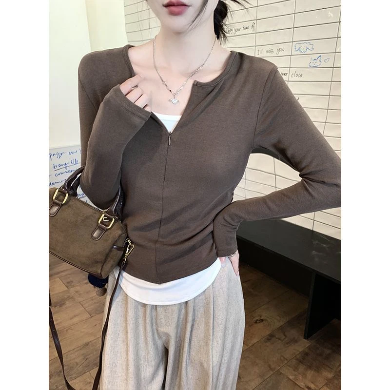 韩系撞色假两件长袖T恤女春秋修身显瘦百搭打底上衣