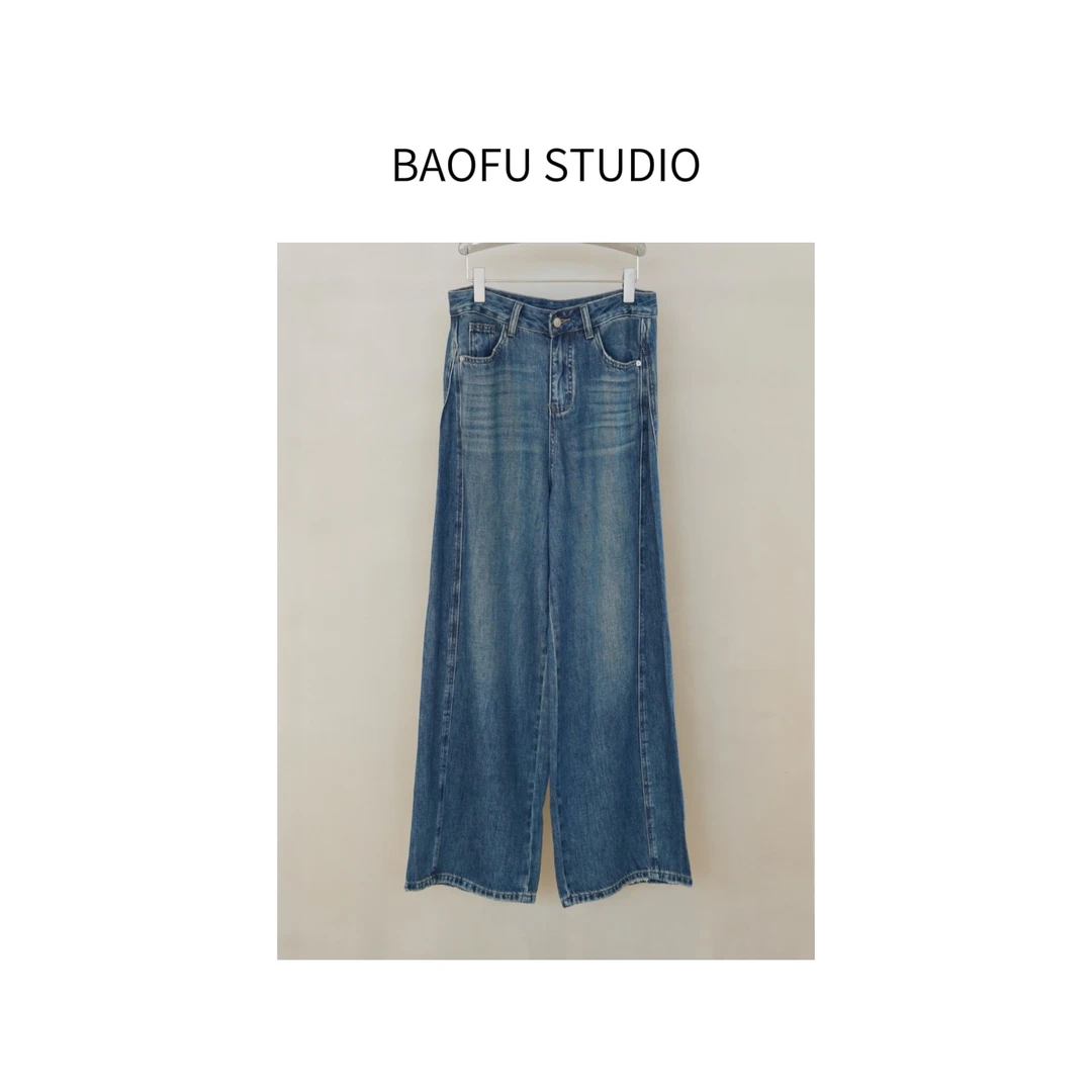 BAOFU studio | 复古蓝立体弯刀裤宽松垂感阔腿牛仔裤