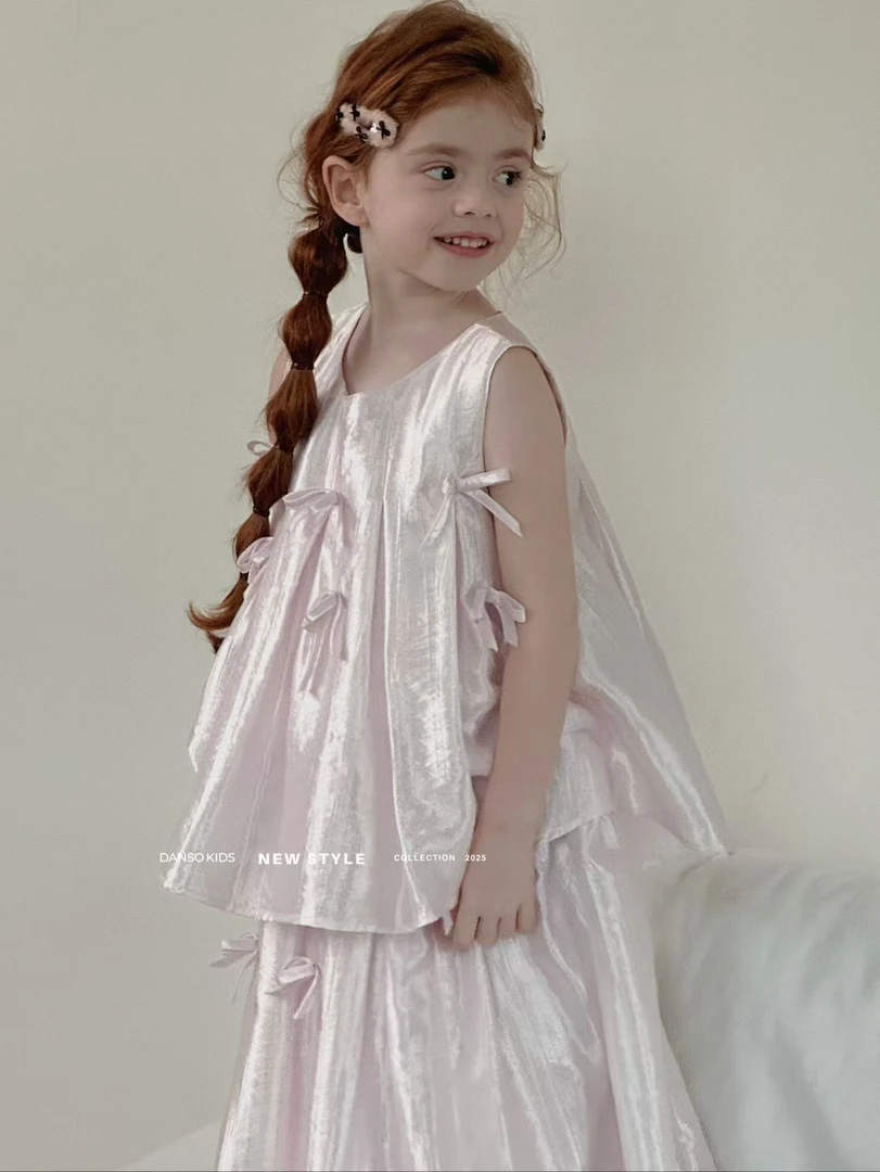 D家正品女童夏季甜美蝴蝶结芭蕾风珠光感无袖背心＋半身裙洋气