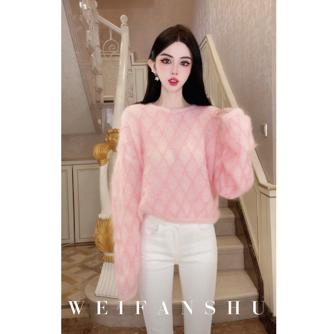 WEIFANSHU/魏凡舒【千金甜格】秋冬新款菱格纹百搭马海毛绵羊毛毛衣