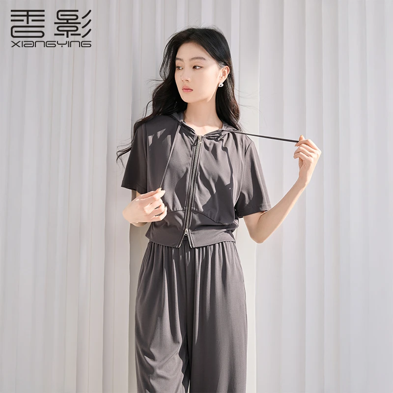 T4064309时尚套装 香影灰色休闲运动套装女夏季新款连帽卫衣裤子