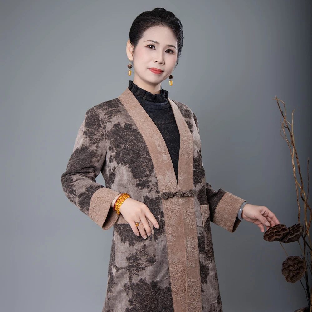 【盛世天香】香云纱桑蚕丝拼接撞色风衣立体冬季提花外套G535472-2