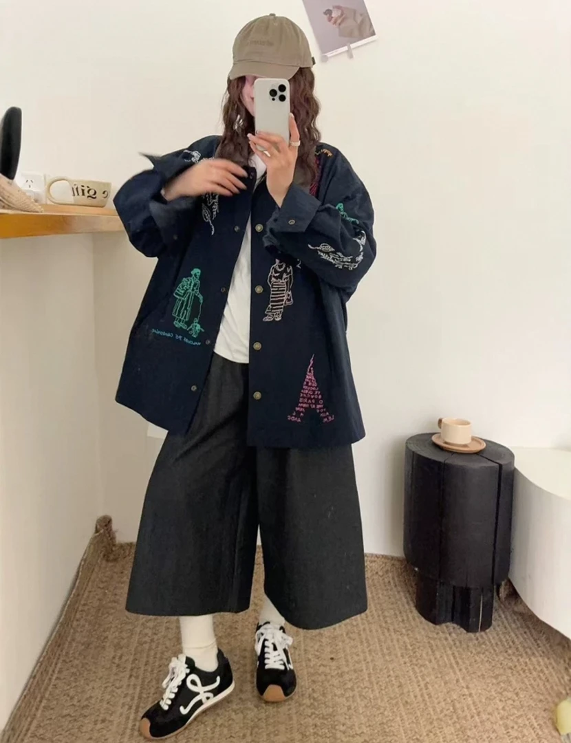 重工2025春季新款 设计师款甜酷卡通涂鸦刺绣宽松翻领外套女