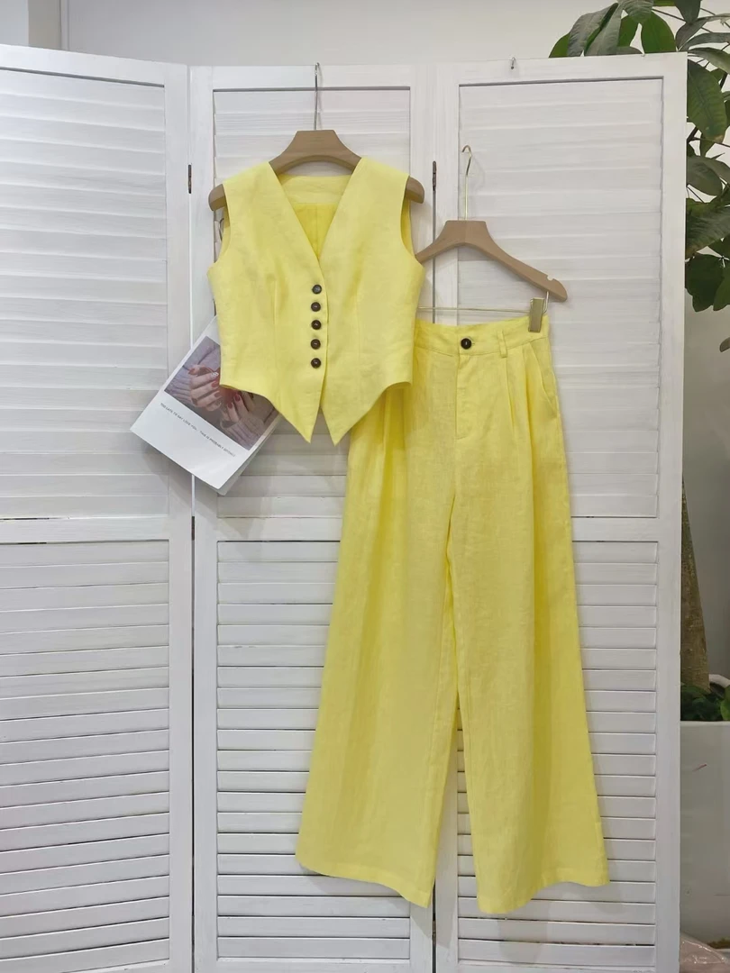 热卖时尚气质亚麻马甲上衣亚麻裤