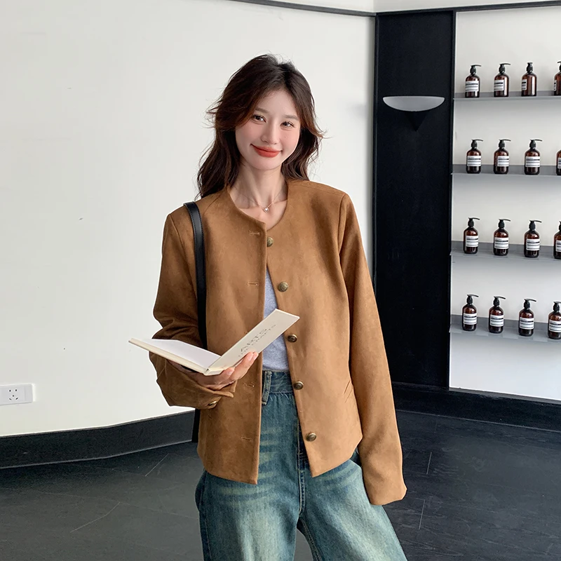小香风仿麂皮绒外套2025春秋新款韩版氛围感独特设计时髦上衣外套