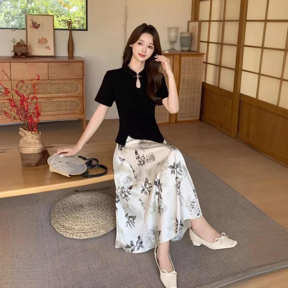 国风套装气质两件套新中式上衣水墨印花高腰长裙小个子气质显瘦