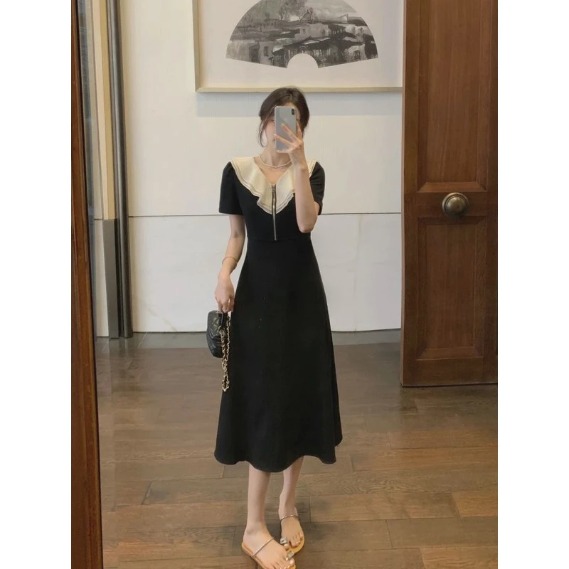 法式甜美荷叶领短袖连衣裙女夏季大码胖MM高级感气质通勤长短裙子