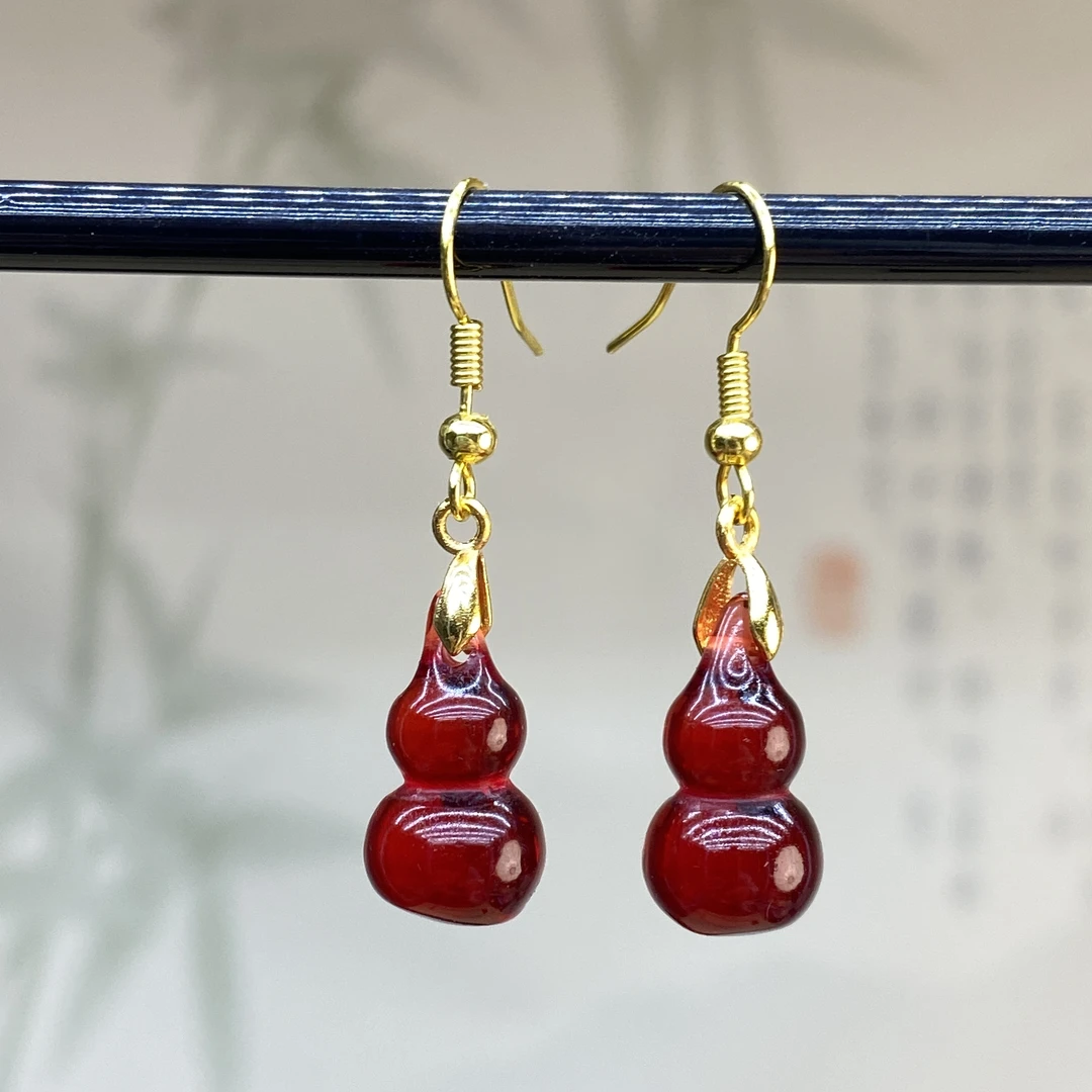 合金耳饰 酒红色立体小葫芦耳坠A82国风时尚精致金色长款气质耳环