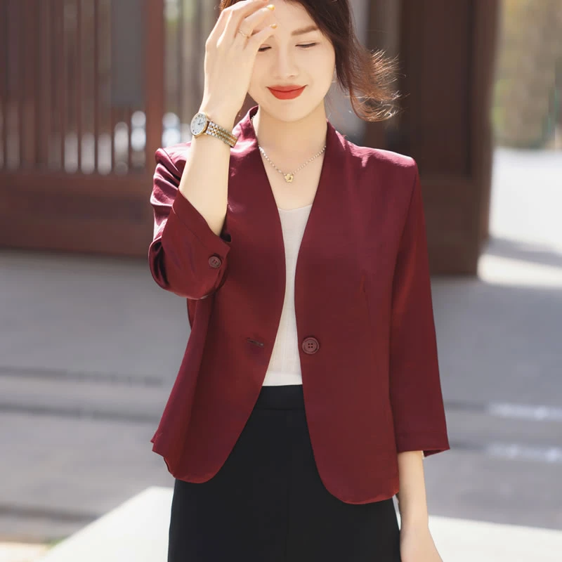 薄款修身红色西装休闲中老年西服防晒喜婆婆妈妈气质外套婚宴减龄