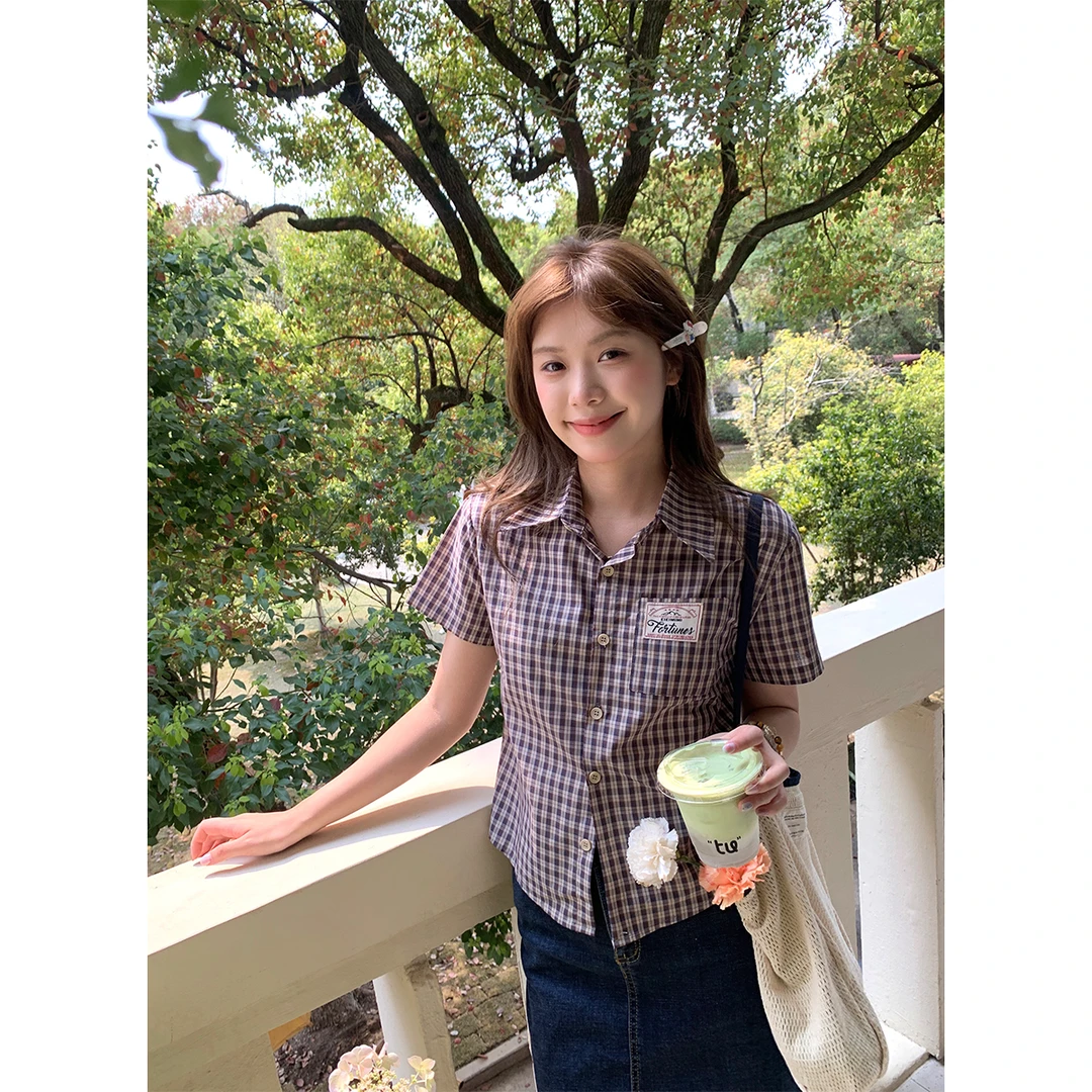 NIDEBLACK韩系少女格纹正肩短袖衬衫POLO衫夏季新款短款修身上衣