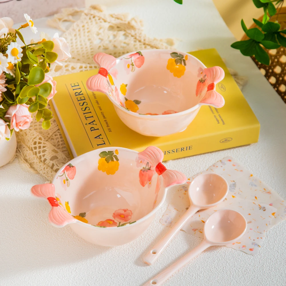 美二烧陶瓷餐具清新彩虹系列6.8英寸蝴蝶结双耳面碗甜品碗带勺子