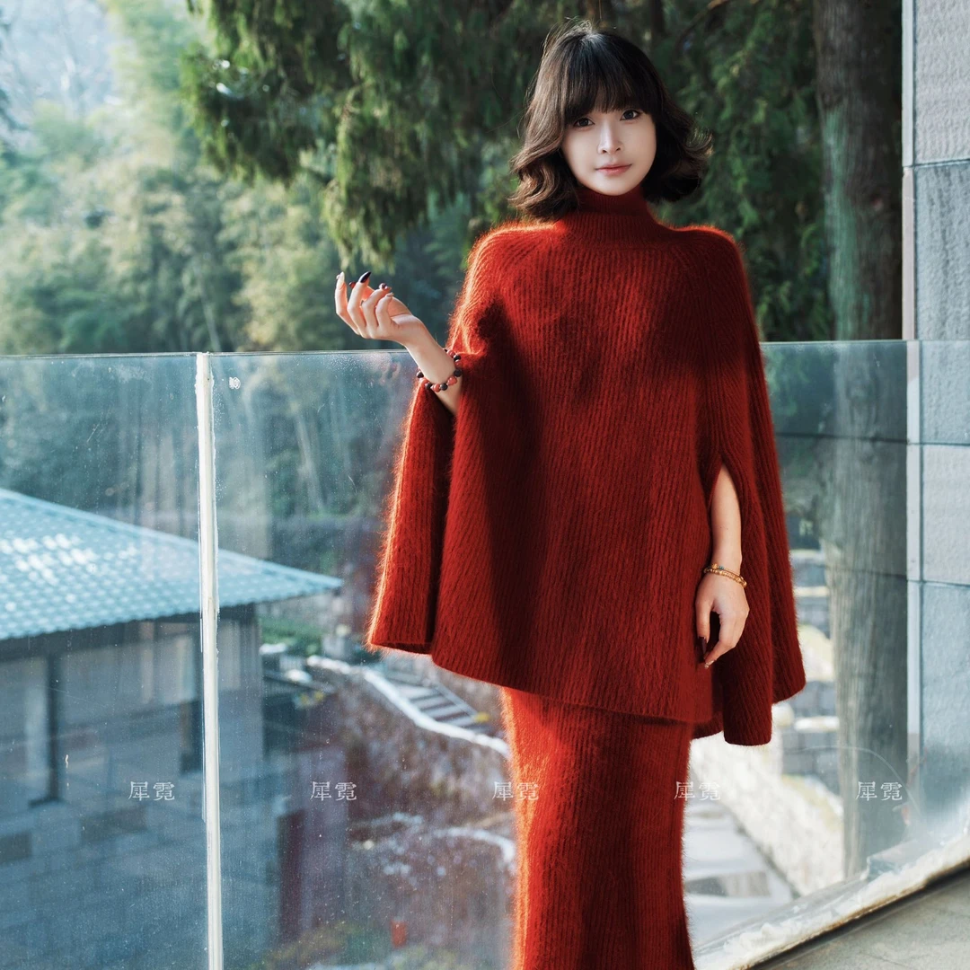 犀霓·云朵泡芙感·蝙蝠斗篷双袖·宽松垂坠·秋冬氛围感针织套装