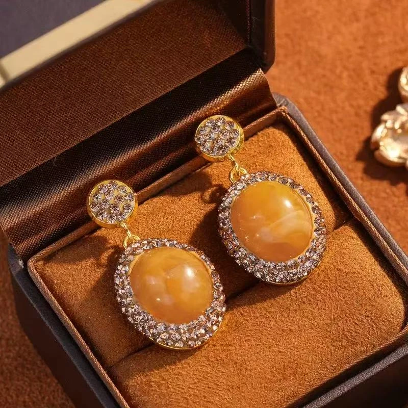 铜合金合成锆石耳饰 夸张大个性黄色耳环女设计轻奢高级