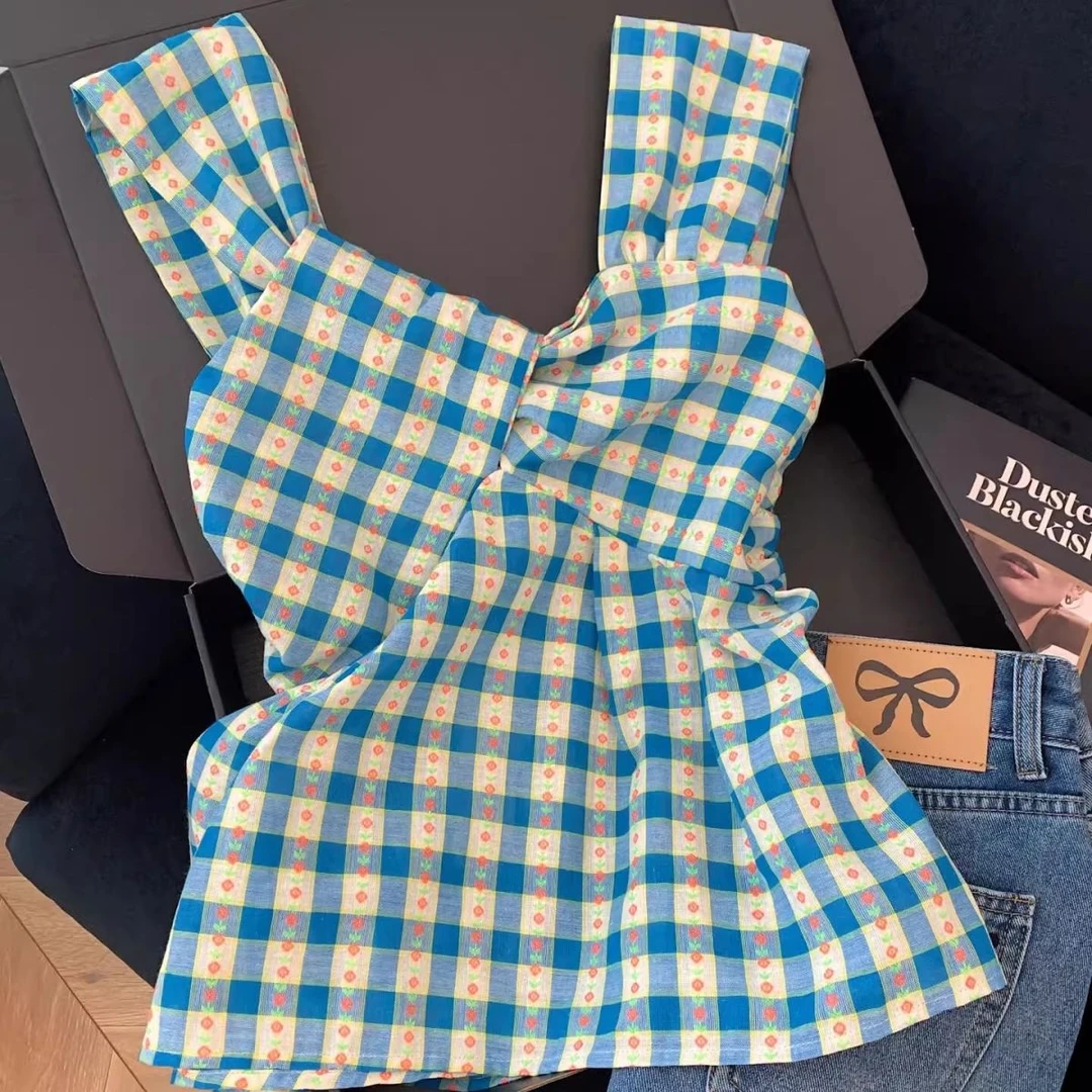 夏季多巴胺穿搭一整套女韩系格子吊带背心上衣高腰牛仔裤两件套潮