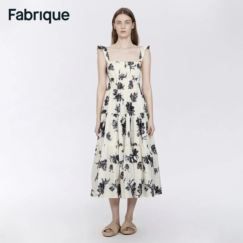 【达人专享】Fabrique印花连衣裙荷叶边小飞袖吊带哑光棉连衣裙
