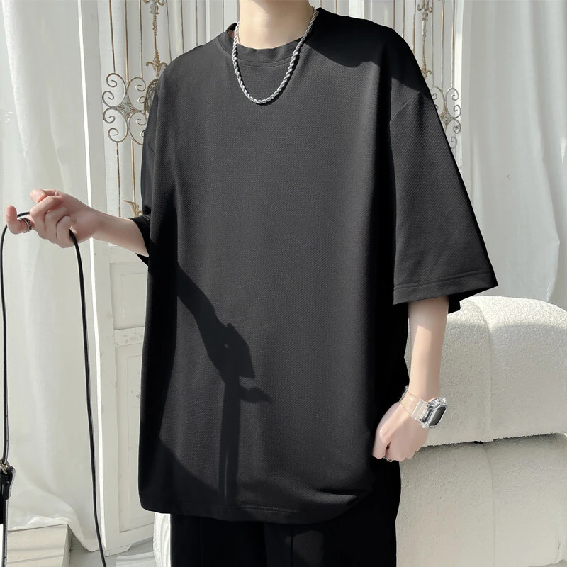 夏季纯色短袖T恤男款潮牌美式休闲上衣圆领简约大码基础款五分袖