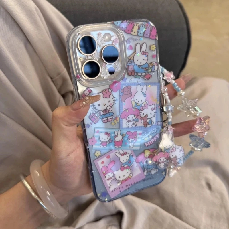 透明渐变蓝色米菲兔kt清新手机壳iPhone16双面16pro苹果15女全包