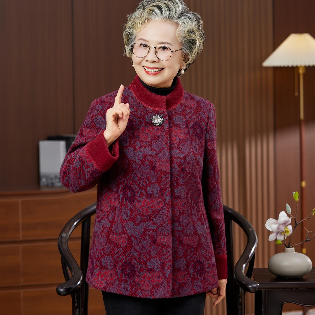 老年人妈妈秋冬加厚外套婆婆奶奶秋季宽松呢子唐装上衣老太太衣服