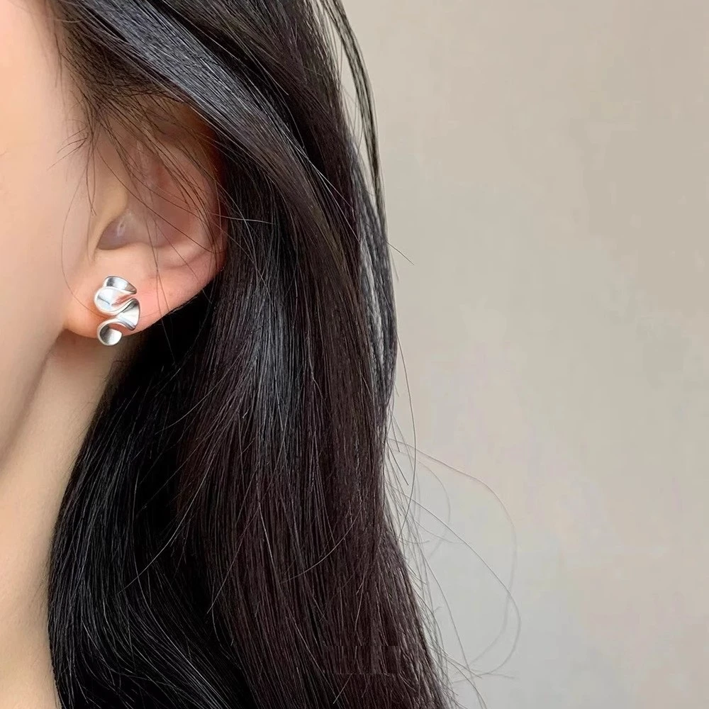 纯铜耳饰 时髦褶皱法式花朵精致通勤纽带气质小耳钉银针哑光耳环