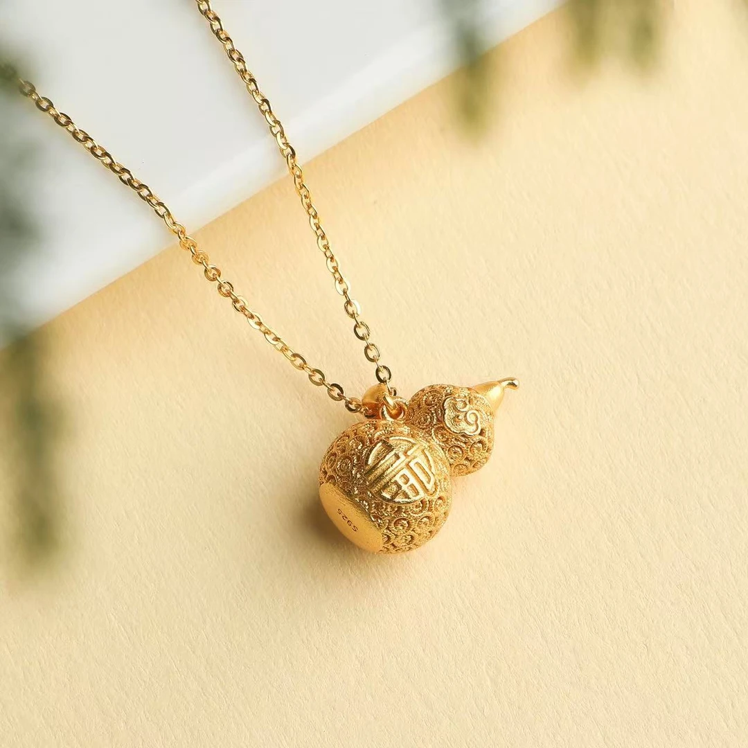 吊坠925银 （桃）镂空福字款富贵葫芦古法金色项链（全金色福字款）