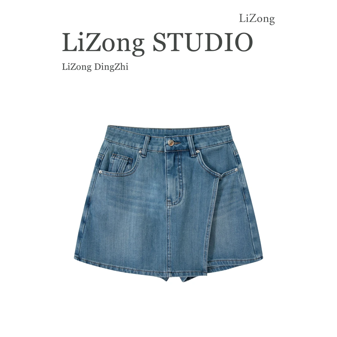 PF-2018蓝色牛仔短裤裙2025夏季新款中高腰显瘦百搭休闲宽松潮流