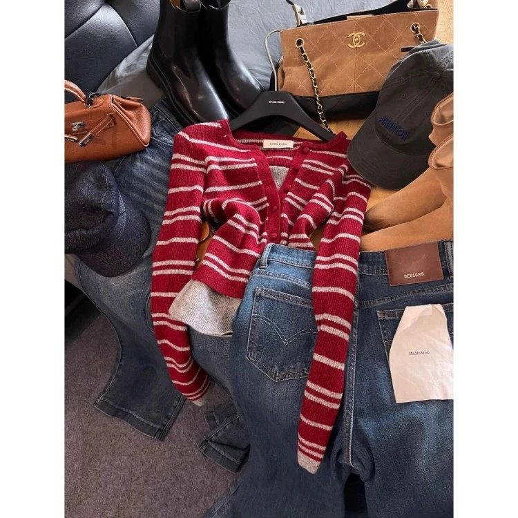 休闲2025秋冬新款洋气复古百搭显瘦条纹假两件设计感针织衫女毛衣