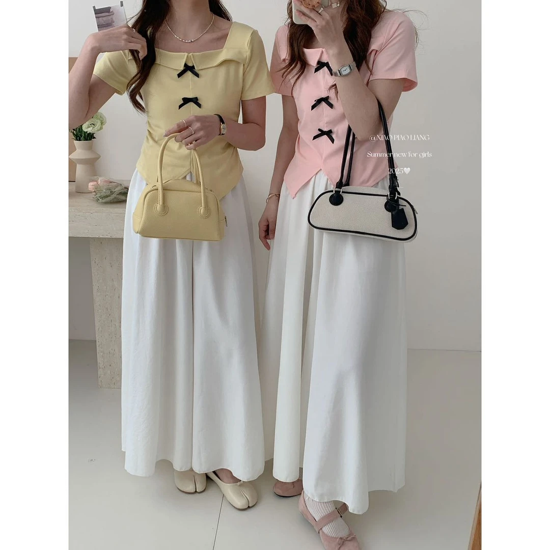 法式甜美不规则褶皱修身显瘦百搭方领收腰短袖上衣+裙裤3150#0.12