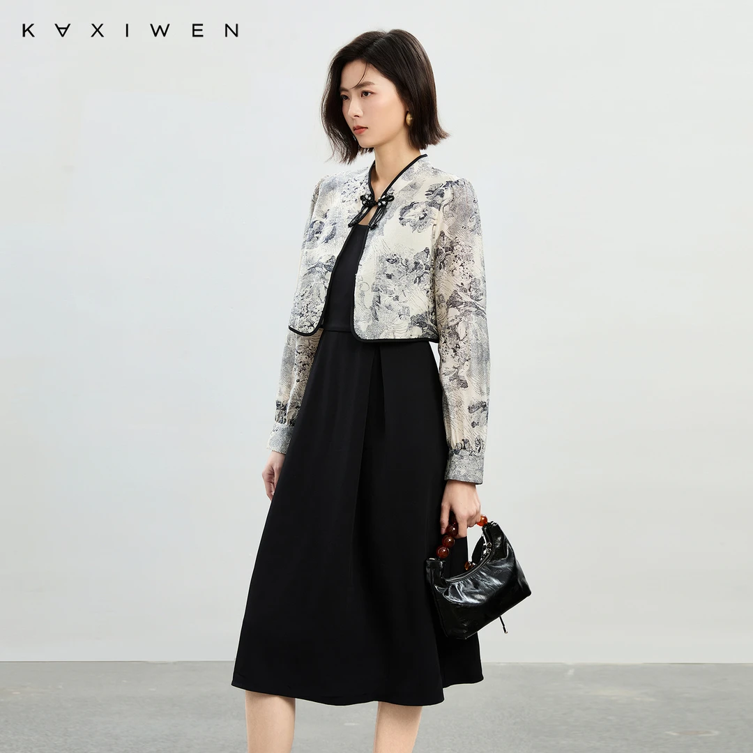 佧茜文国风水墨印花气质套装裙【春秋】中式流苏连衣裙X01BHN1614