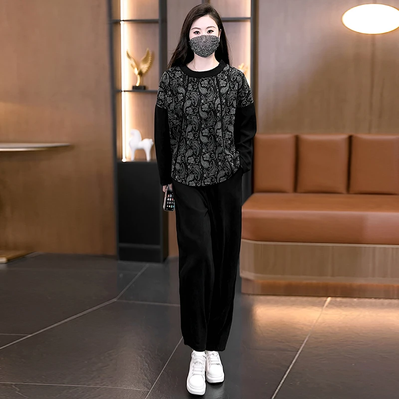 大码女装2025秋季新款宽松休闲时尚洋气显瘦气质拼接套装