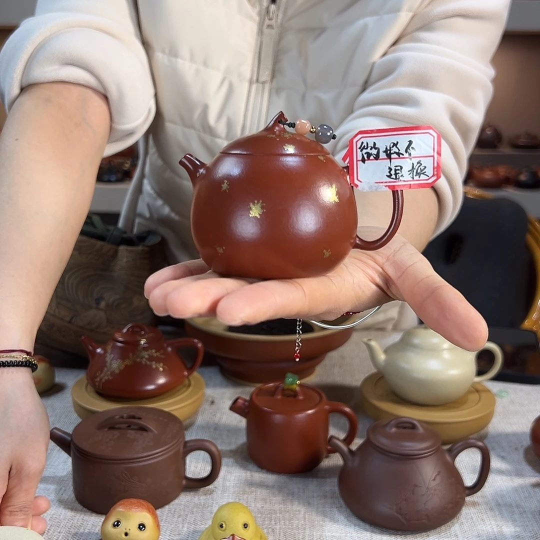 紫砂茶壶攸*茄瓜 130cc 朱泥撒金 微瑕不退不换