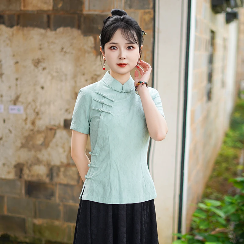 筠雅夏季新款复古新中式唐装女装中国风年轻款斜襟短袖上衣25J166