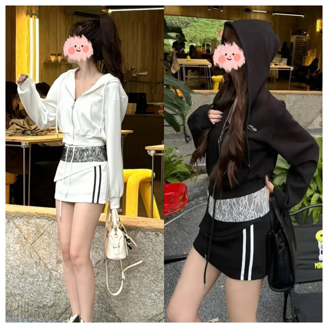 2025春季新款美式辣妹风纯欲风蕾丝拼接卫衣短裙女时尚休闲套装