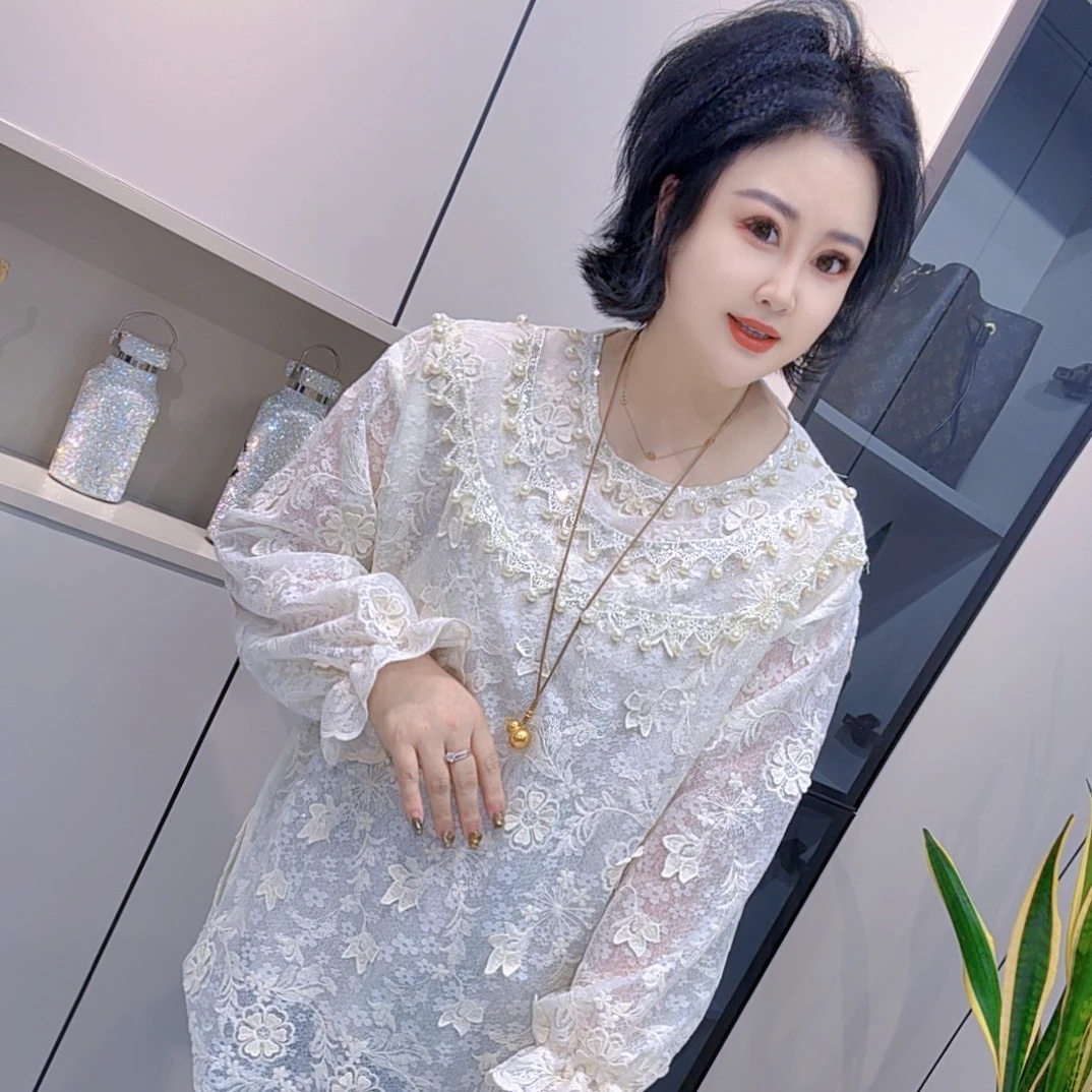 【娟姐精选】88079重工3D立体花朵珍珠公主风时尚洋气减龄蕾丝衫