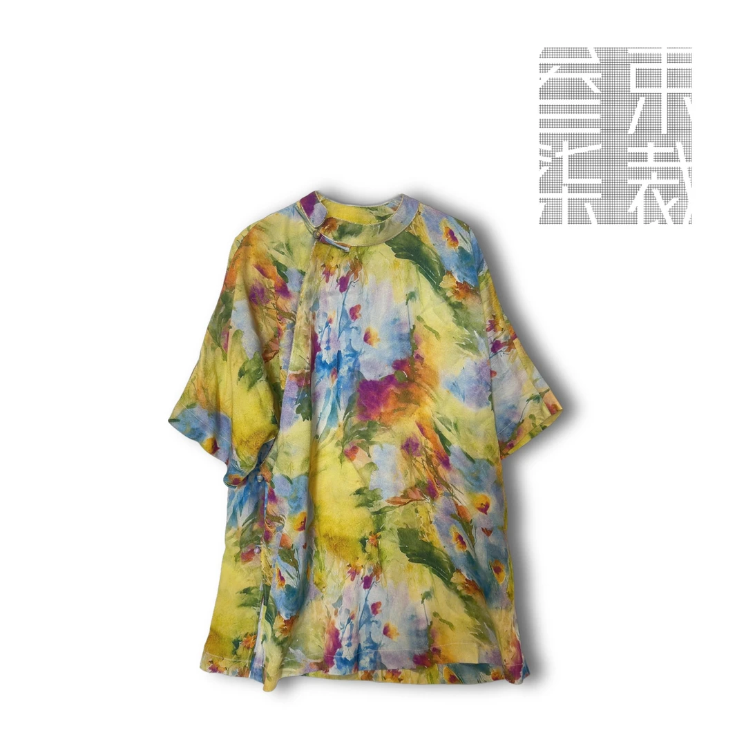 B3-A724【罗马假日】夏季新款奥黛桑蚕丝斜襟短袖长款上衣