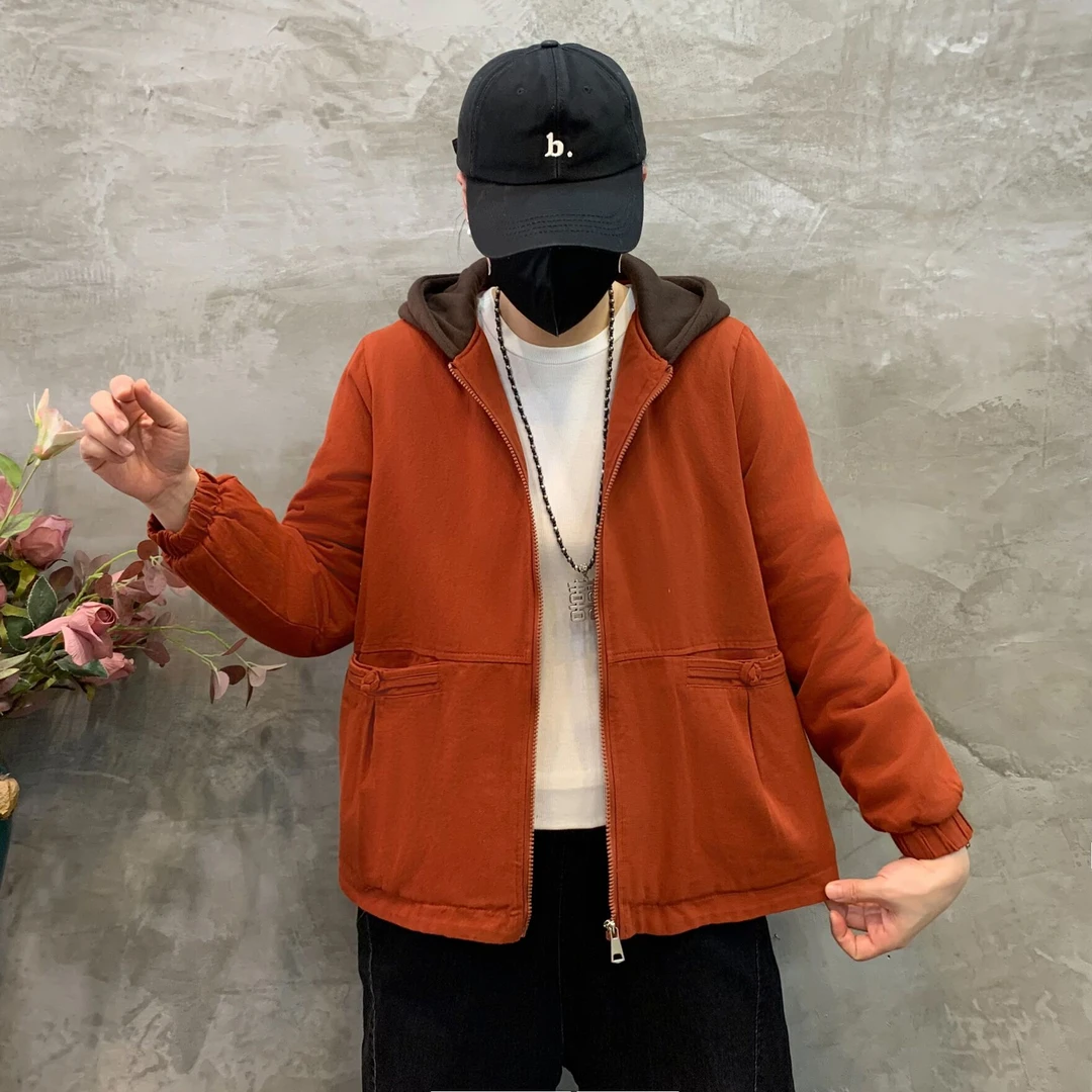 春季棉衣妈妈装纯色连帽保暖百搭冬季加厚棉衣1113