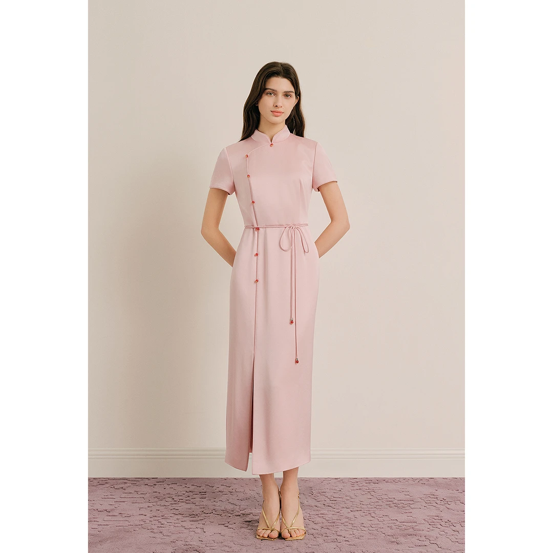 OBBLIGATO奥丽嘉朵2025玫瑰粉新中式系绳连衣裙1C65205620