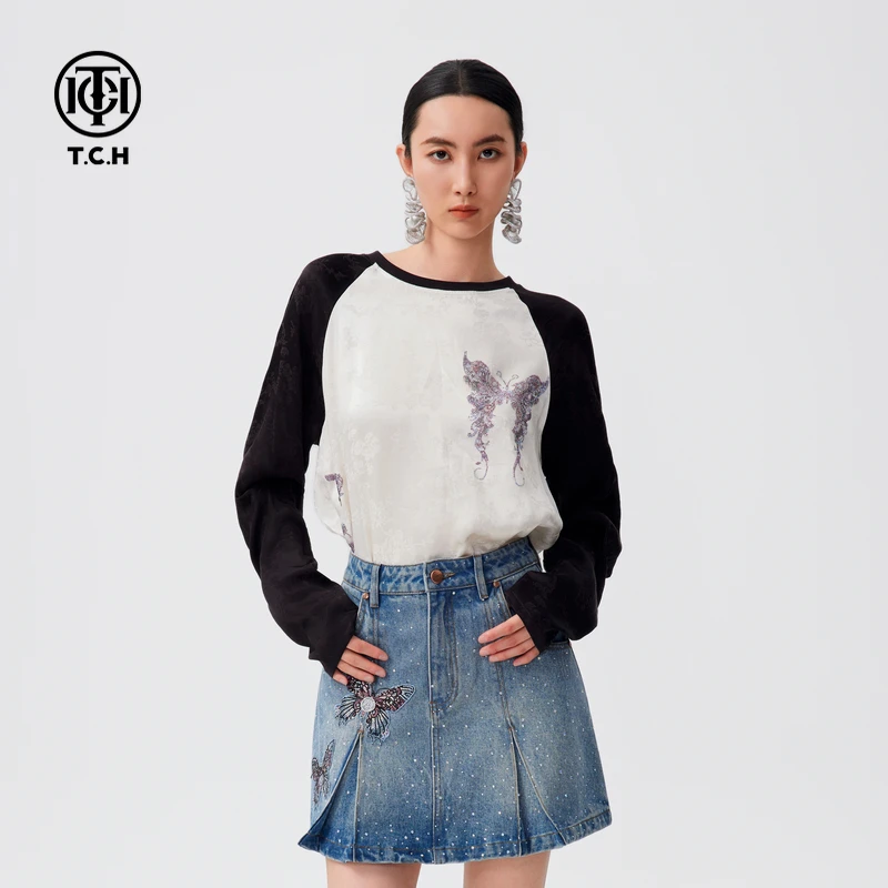 TCH2025中式长袖T恤女插肩洋气轻奢蝴蝶烫钻上衣T72C086003