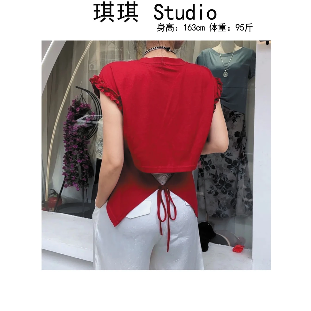 《琪琪家》夏季新款重工设计感后背系带花边袖显瘦减龄短袖5645-CS