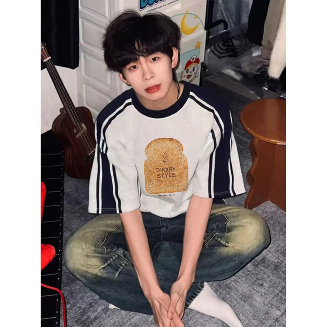 100%纯棉美式面包片印花拼接插肩短袖T恤男女夏季休闲学生上衣