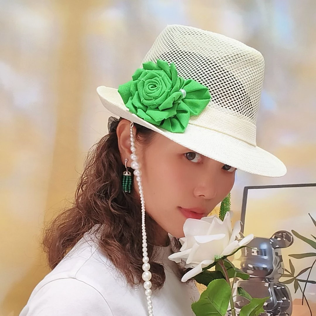 小众原创设计重工珠子花朵帽子女士时尚透气编织镂空休闲夏季百搭
