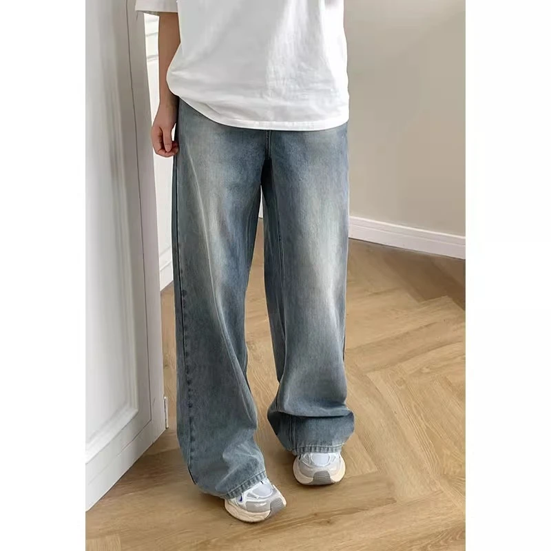 美式复古水洗做旧牛仔裤女大码宽松显瘦阔腿裤ins潮胖mm直筒裤