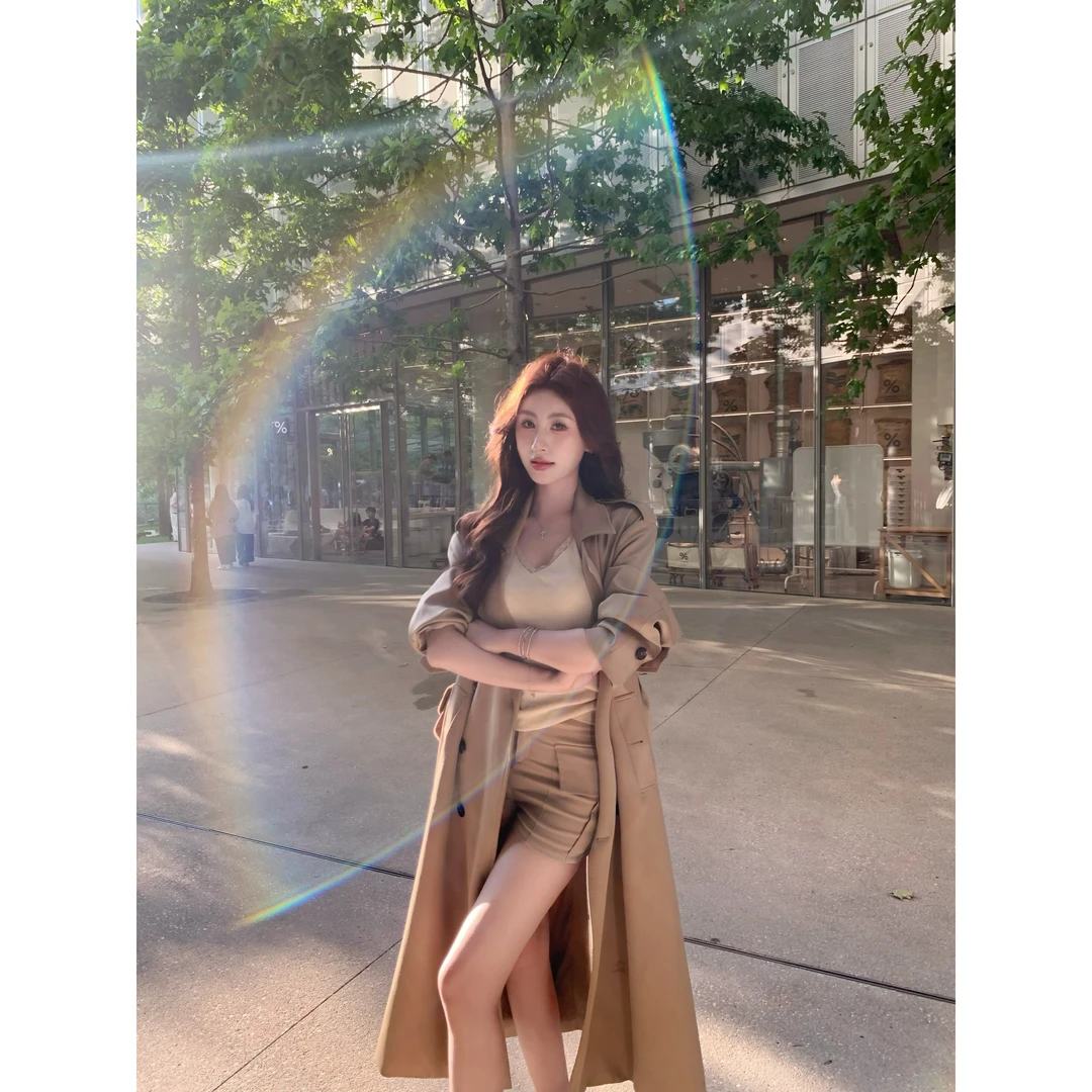【城市漫步】UM家2025秋季新款卡其色长款韩版H型双排扣风衣外套女