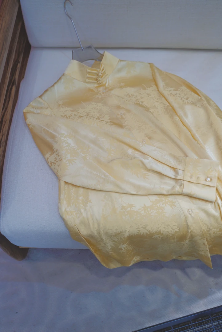 大满家凯喜雅映竹蝴蝶缎立领叠襟上衣衬衫 桑蚕丝