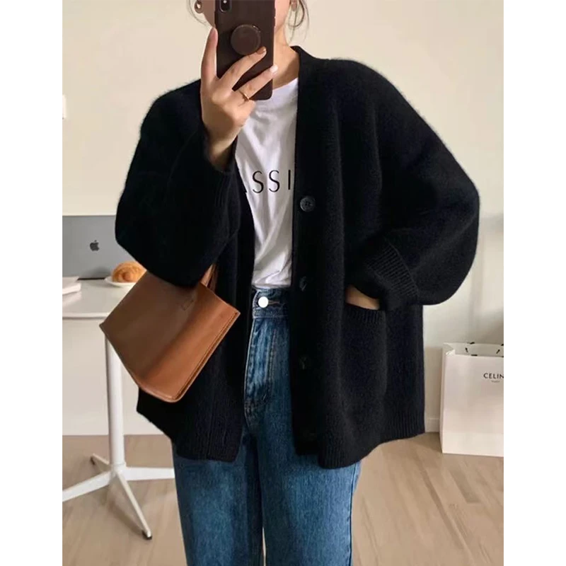光板大开衫」通勤慵懒风~女上衣秋冬宽松V领中长款针织开衫-5520